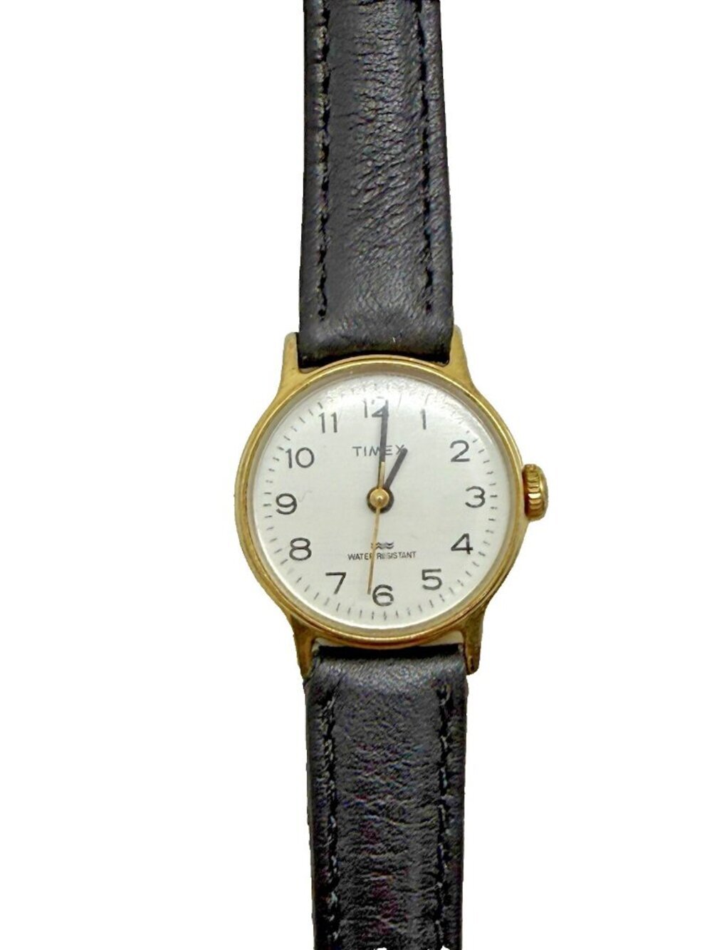 Timex Women's Mechanical Watch Gold Tone Case Black Leather Band Arabic Numerals